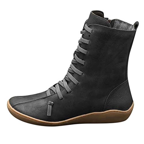 Luckycat Botines de Cuero Otoño Vintage con Cordones Zapatos de Mujer Botas cómodas de tacón Plano Cremallera Bota Alto Botas de Apoyo de Arco 2019 para Mujeres