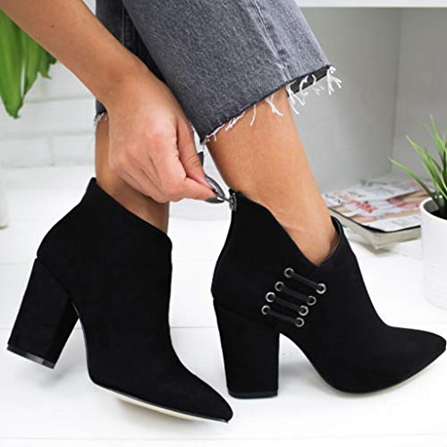 Luckycat Botines Militares Tacón Ancho Medio para Mujer Invierno Primavera 2019 Botas Bajo Cuña Forradas Cortas Tobillo Zapatos Terciopelo Botas Color Sólido Señora Tallas Grandes 35-43