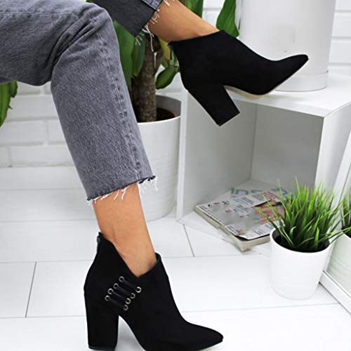 Luckycat Botines Militares Tacón Ancho Medio para Mujer Invierno Primavera 2019 Botas Bajo Cuña Forradas Cortas Tobillo Zapatos Terciopelo Botas Color Sólido Señora Tallas Grandes 35-43