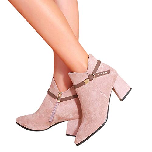 Luckycat Botines Mujer Tacon Ancho Ante Cuero Tobillo Botas Piel Ankle Boots 6 Cm Cremallera Moda Comodos Verano Primavera Boots Zapatillas Altas para Mujer Botas Militar para Mujer Botas para Mujer