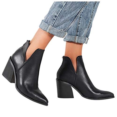 Luckycat Botines Mujer Tacon Cuero PU Tobillo Botas Piel Ankle Boots 8 Cm Cremallera Moda Comodos Verano Primavera 2019 Invierno Mujer Botines Tacon Alto Plataforma Zapatos Botas Martin