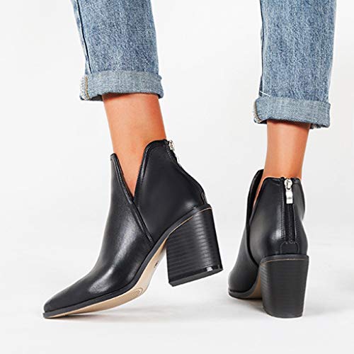 Luckycat Botines Mujer Tacon Cuero PU Tobillo Botas Piel Ankle Boots 8 Cm Cremallera Moda Comodos Verano Primavera 2019 Invierno Mujer Botines Tacon Alto Plataforma Zapatos Botas Martin