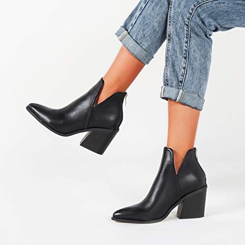 Luckycat Botines Mujer Tacon Cuero PU Tobillo Botas Piel Ankle Boots 8 Cm Cremallera Moda Comodos Verano Primavera 2019 Invierno Mujer Botines Tacon Alto Plataforma Zapatos Botas Martin