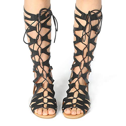 Luckycat Sandalias Romana Mujer Botas de Verano Sexy Hebillas de Metal Sandalias con Punta Abierta Mujer Corte Sandalias Estilo Gladiador Plano Rodilla Botas Tiras Gladiador Sandalias