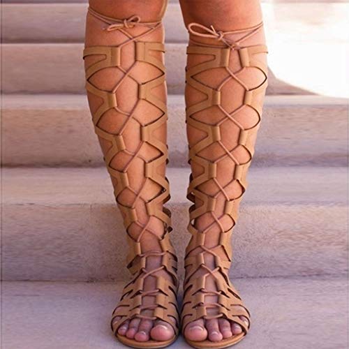 Luckycat Sandalias Romana Mujer Botas de Verano Sexy Hebillas de Metal Sandalias con Punta Abierta Mujer Corte Sandalias Estilo Gladiador Plano Rodilla Botas Tiras Gladiador Sandalias