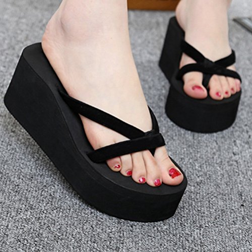 LUOEM Plataforma de Playa de Verano cuña talón Flip Flop Sandalias Casuales Zapatillas tamaño 35 (Negro)