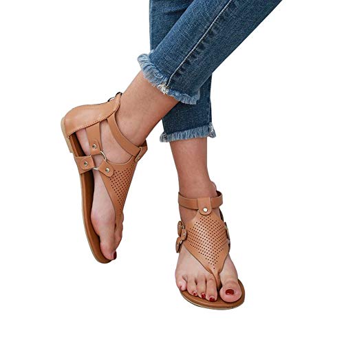 LWWOZL Sandalias Mujer Planas Verano 2020 Chanclas Cuña Punta Abierta Retro Tacón Plano Zapatos Casuales Cómodas Zapatillas de Playa con CremalleraBrown-35