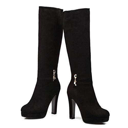 Lydee Mujer Elegant Botas Altas Tacón Anchos Botas Muslo Plataforma Dress Botas Largas Oficina Invierno Zapatos Tacones Cremallera Black Tamaño 39