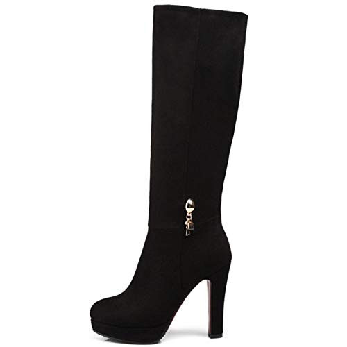 Lydee Mujer Elegant Botas Altas Tacón Anchos Botas Muslo Plataforma Dress Botas Largas Oficina Invierno Zapatos Tacones Cremallera Black Tamaño 39