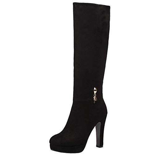 Lydee Mujer Elegant Botas Altas Tacón Anchos Botas Muslo Plataforma Dress Botas Largas Oficina Invierno Zapatos Tacones Cremallera Black Tamaño 39