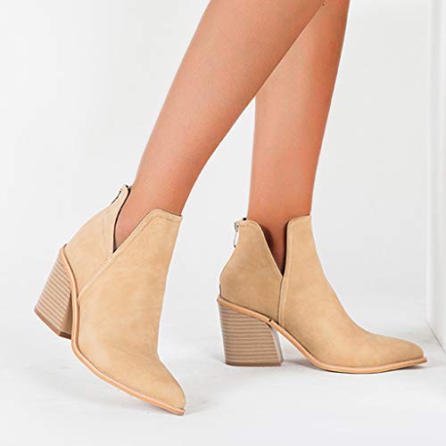 MaNMaNing-Shoes Botines de ante para mujer, con cremallera, de un solo color, cortos, a la moda, tacón alto, Mujer, beige, 36 EU
