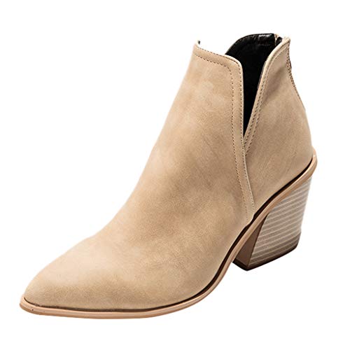 MaNMaNing-Shoes Botines de ante para mujer, con cremallera, de un solo color, cortos, a la moda, tacón alto, Mujer, beige, 36 EU
