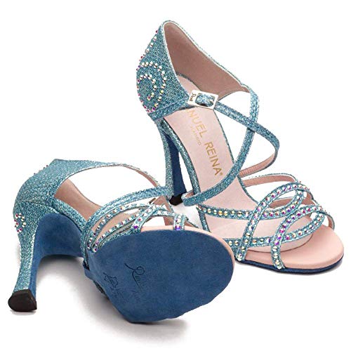 Manuel Reina - Zapatos de Baile Latino Mujer Salsa Competition 01 Blue Pearl - Bailar Bachata, Salsa, Kizomba (38 EU, Tacón: 7.5)