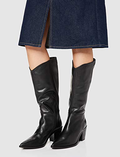 Marca Amazon - find. Knee High Pull On Leather Western Botas Altas, Negro Black, 38 EU