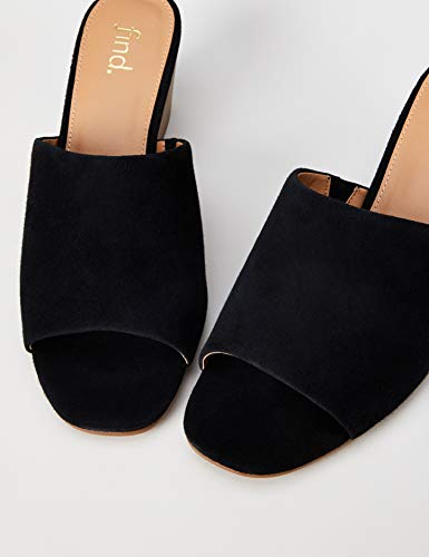 Marca Amazon - find. Mule Wedge Leather Zapatos de tacón con Punta Abierta, Negro (Black), 41 EU