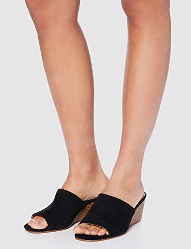 Marca Amazon - find. Mule Wedge Leather Zapatos de tacón con Punta Abierta, Negro (Black), 41 EU