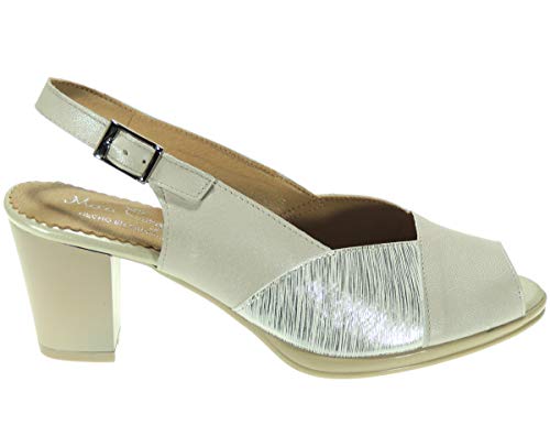 Maxi Confort 464 Zapato Sandalia Vestir Ancho Especial Piel Tacón 6,5Cm Punta Abierta Piso Goma para Mujer Marfil Talla 40