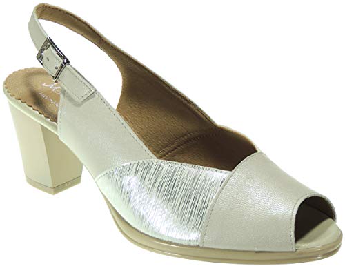 Maxi Confort 464 Zapato Sandalia Vestir Ancho Especial Piel Tacón 6,5Cm Punta Abierta Piso Goma para Mujer Marfil Talla 40