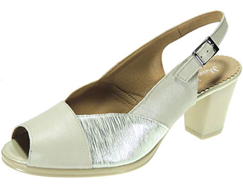 Maxi Confort 464 Zapato Sandalia Vestir Ancho Especial Piel Tacón 6,5Cm Punta Abierta Piso Goma para Mujer Marfil Talla 40
