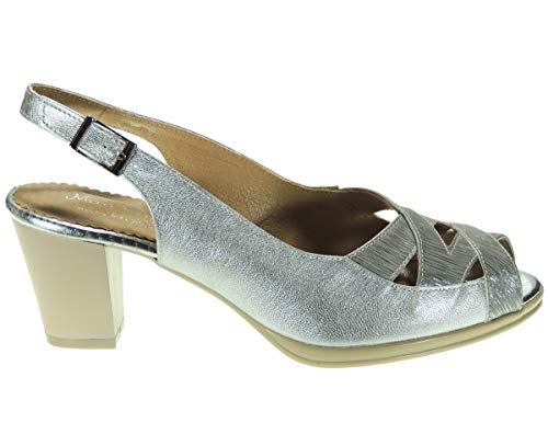 Maxi Confort 654 Zapato Sandalia Vestir Ancho Especial Piel Tacón 6,5Cm Punta Abierta Piso Goma para Mujer Plata Talla 39