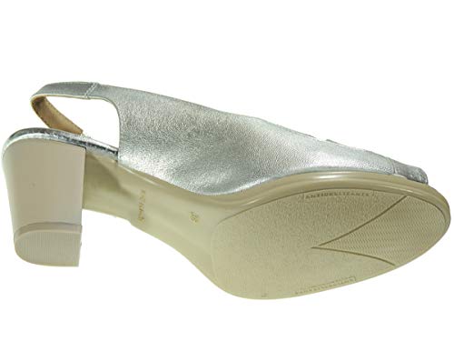 Maxi Confort 654 Zapato Sandalia Vestir Ancho Especial Piel Tacón 6,5Cm Punta Abierta Piso Goma para Mujer Plata Talla 39
