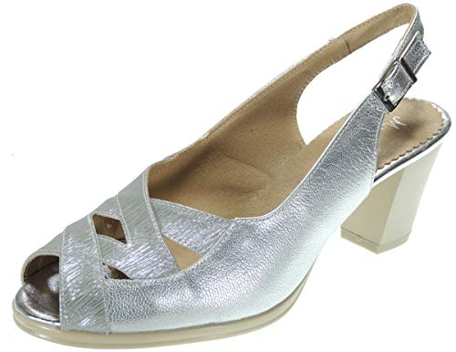 Maxi Confort 654 Zapato Sandalia Vestir Ancho Especial Piel Tacón 6,5Cm Punta Abierta Piso Goma para Mujer Plata Talla 39