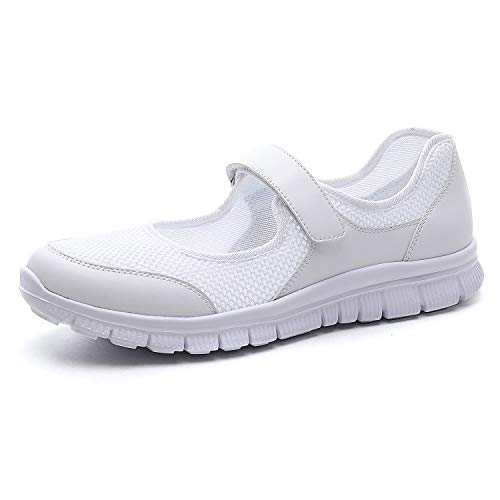 MecKiss - Zapatillas de deporte para mujer, para verano, para el tiempo libre, fitness, caminar, con cierre de velcro, color Blanco, talla 39 EU