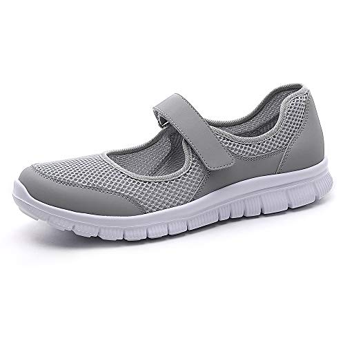 MecKiss - Zapatillas de deporte para mujer, para verano, para el tiempo libre, fitness, caminar, con cierre de velcro, color Gris, talla 37 EU