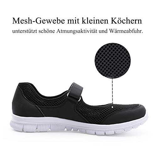 MecKiss - Zapatillas de deporte para mujer, para verano, para el tiempo libre, fitness, caminar, con cierre de velcro, color Negro, talla 36 EU