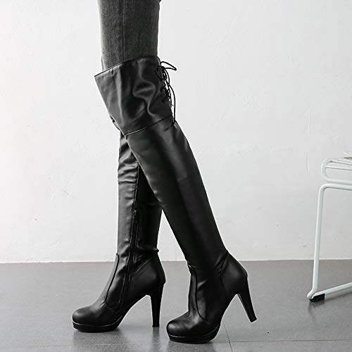 Mediffen Botas, Mujer Tacón Alto Puntiagudo sobre La Rodilla Plataparama Botas Negro Talla 44 Asiática
