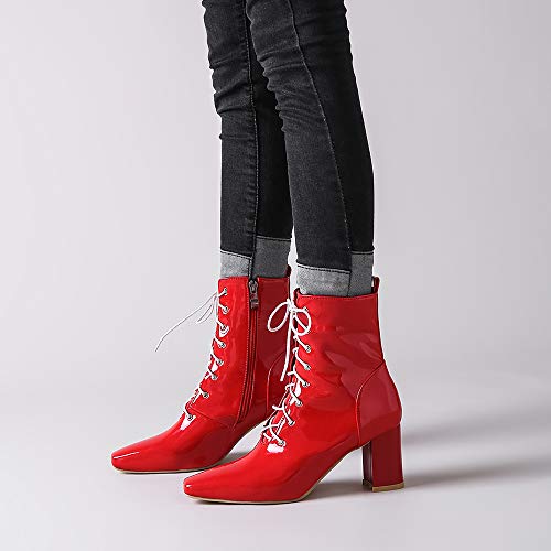 Mediffen Moda Mujer Puntiagudo Botas De Estilo Motero Encaje Tacón Ancho Botines Cremallera Vestidoy Noche Mujer Tacón Alto Boots Fiesta Charol Rojo Talla 46 Asia