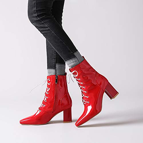Mediffen Moda Mujer Puntiagudo Botas De Estilo Motero Encaje Tacón Ancho Botines Cremallera Vestidoy Noche Mujer Tacón Alto Boots Fiesta Charol Rojo Talla 46 Asia