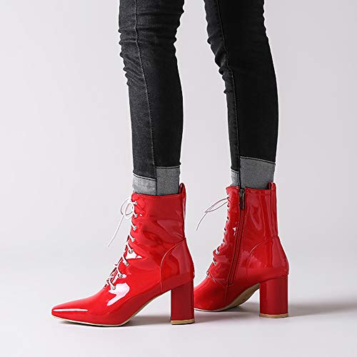 Mediffen Moda Mujer Puntiagudo Botas De Estilo Motero Encaje Tacón Ancho Botines Cremallera Vestidoy Noche Mujer Tacón Alto Boots Fiesta Charol Rojo Talla 46 Asia