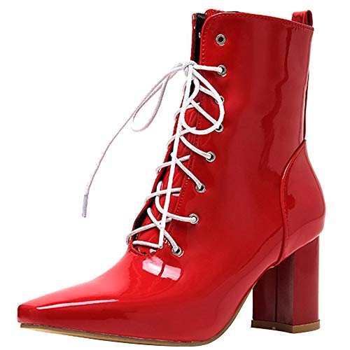 Mediffen Moda Mujer Puntiagudo Botas De Estilo Motero Encaje Tacón Ancho Botines Cremallera Vestidoy Noche Mujer Tacón Alto Boots Fiesta Charol Rojo Talla 46 Asia