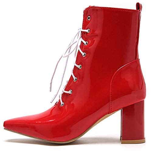 Mediffen Moda Mujer Puntiagudo Botas De Estilo Motero Encaje Tacón Ancho Botines Cremallera Vestidoy Noche Mujer Tacón Alto Boots Fiesta Charol Rojo Talla 46 Asia