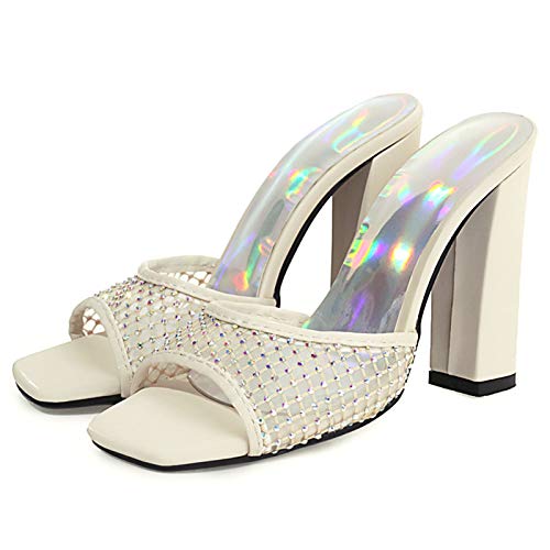 Mediffen Peep Toe Mule Sandalias Tacón Ancho Mujer Exterior Zapatillas con Tachuelas Moda Tacón Alto Fiesta Sin Cordones Zapatillas Sandalias Beige Talla 41 EU/43 Asiática