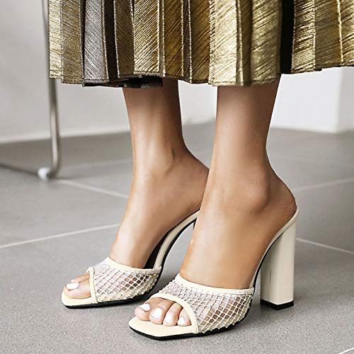 Mediffen Peep Toe Mule Sandalias Tacón Ancho Mujer Exterior Zapatillas con Tachuelas Moda Tacón Alto Fiesta Sin Cordones Zapatillas Sandalias Beige Talla 41 EU/43 Asiática