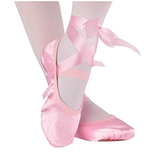 Meijunter Mujeres Niñas Cinta de Seda Zapatos de Baile de Ballet Suela de Cuero Plana Rendimiento Profesional Salón de Baile Yoga Zapatillas de Dance Shoes de Toile Rosado
