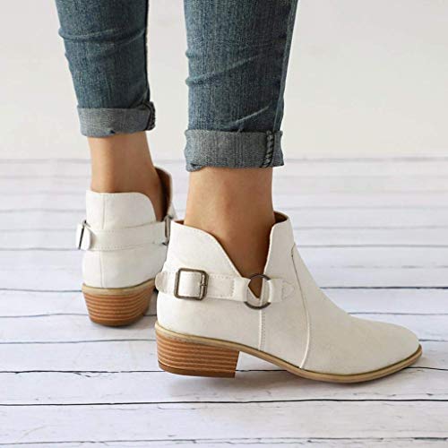 Minetom Botines Mujer Planos Tacon Ancho Botas Botita Botines Moda Casual PU Cuero Planas Zapatos Elegante Hebilla Boots Blanco 36 EU