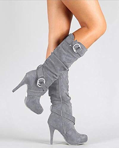 Minetom Mujer Botas Largas De Gamuza Casual Tacones Aguja Altos Zapatos Otoño Invierno Retro Botas Altas Calentar Moda Gris 39 EU