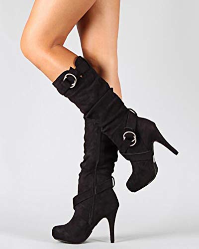 Minetom Mujer Botas Largas De Gamuza Casual Tacones Aguja Altos Zapatos Otoño Invierno Retro Botas Altas Calentar Moda Negro 39 EU