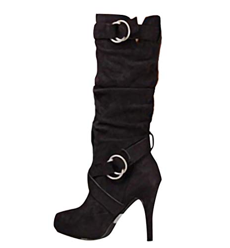 Minetom Mujer Botas Largas De Gamuza Casual Tacones Aguja Altos Zapatos Otoño Invierno Retro Botas Altas Calentar Moda Negro 39 EU