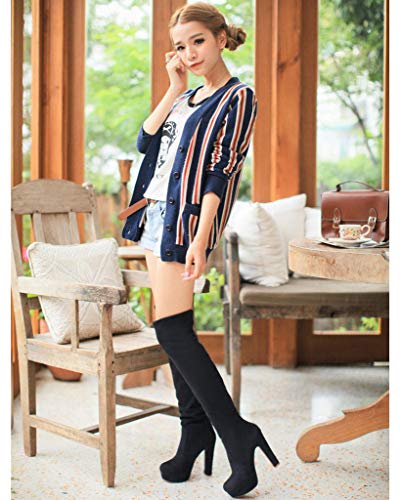 Minetom Mujer Invierno Moda Suede De La Rodilla Botas Tacón Alto Puntera Redonda Zapatos Botas Negro EU 43