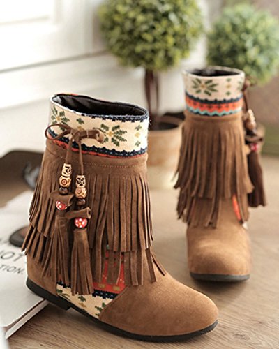 Minetom Mujer Otoño Invierno Cuero Nobuck Calentar Botas De Flecos con Cuentas Zapatos Cargadores Cómodo Botines Amarillo EU 38