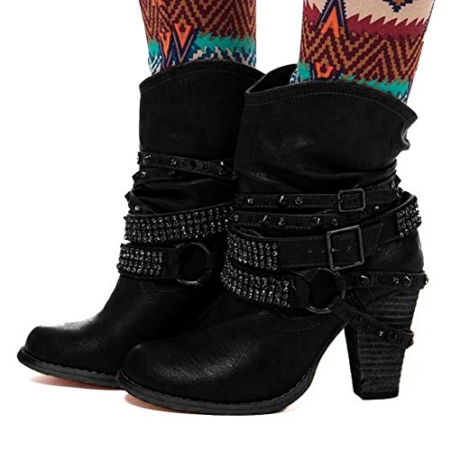 Minetom Mujer Retro Atractivo Moda Invierno Boots Botas Zapatos De Altas Tacón Alto Casual Remache Decoración Botines Negro EU 38
