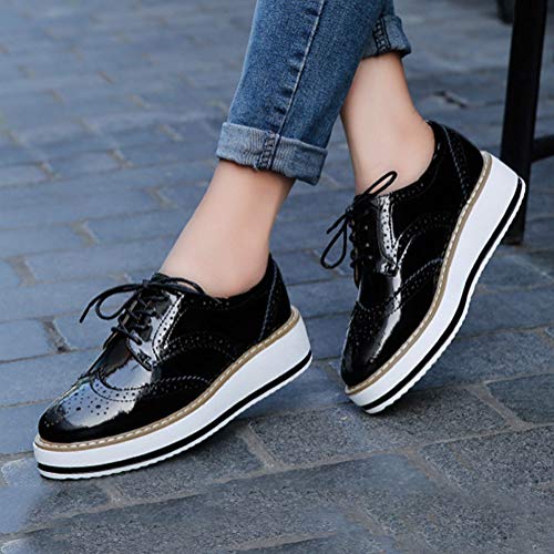 Minetom Zapatos de Casual Brogue Oxford para Mujer Vintage Derby Cuero Zapatos con Cordones Plataforma Oficina Mocasines Loafers