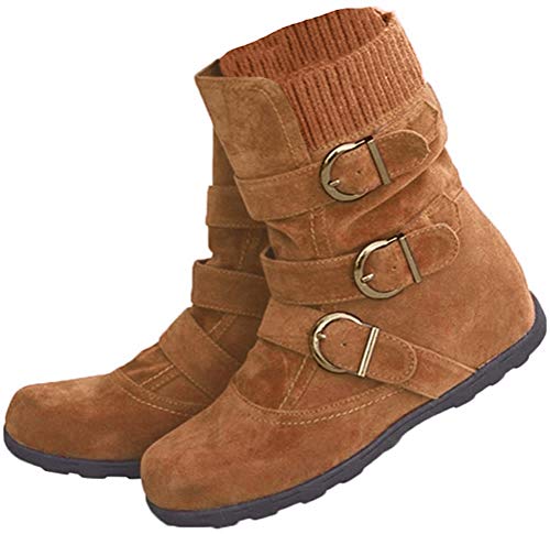 Minetom Zapatos Invierno Mujer Botas De Nieve Planas Casual Ankle Boots Botines Casual Moda Hebilla De Gamuza Caqui 43 EU
