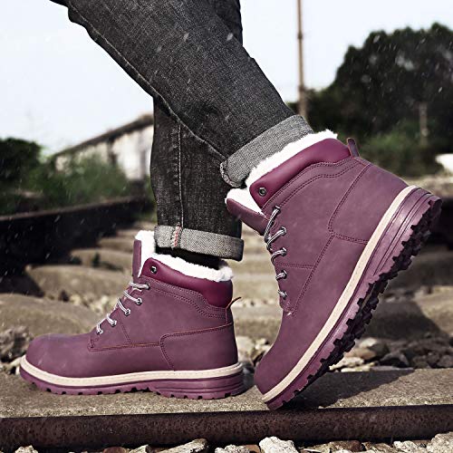 Mishansha Invierno Botas Para Mujer Antideslizante Resistente al Desgaste Botines Calientes Forro de Piel Cortas Tobillo Plano Boots Impermeables Cordones Zapatos, Rojo 38