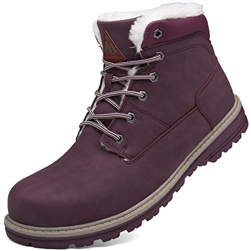 Mishansha Invierno Botas Para Mujer Antideslizante Resistente al Desgaste Botines Calientes Forro de Piel Cortas Tobillo Plano Boots Impermeables Cordones Zapatos, Rojo 38