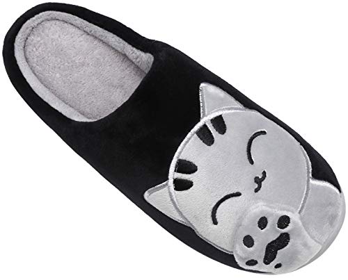 Mishansha Mujer Zapatillas de Casa Algodón Hombre Zapatillas de Estar de Invierno Cálido Felpa Dibujos Animados Gato Antideslizante Pantuflas, Cat-Negro, 39/40 EU=40/41 CN